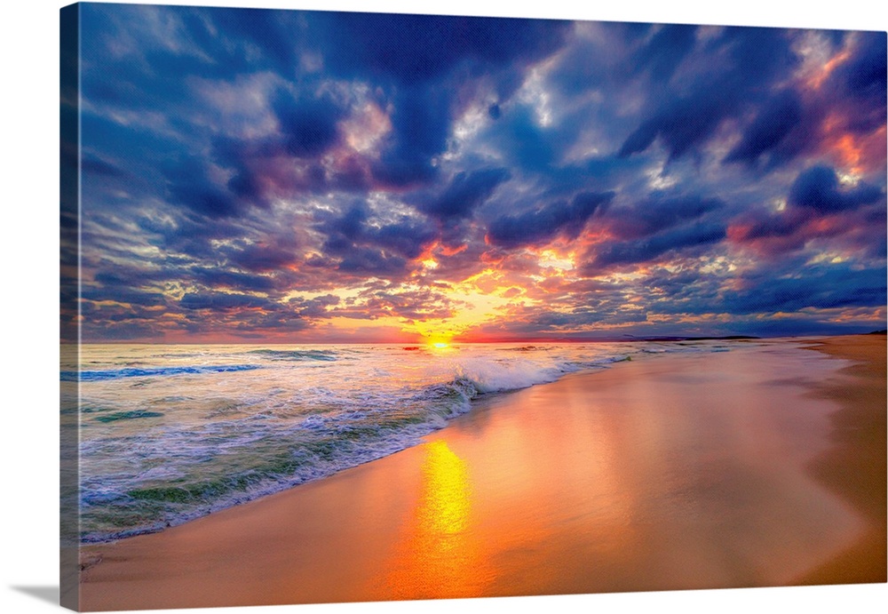 Red, Yellow, And Blue Colorful Waves At Sunset