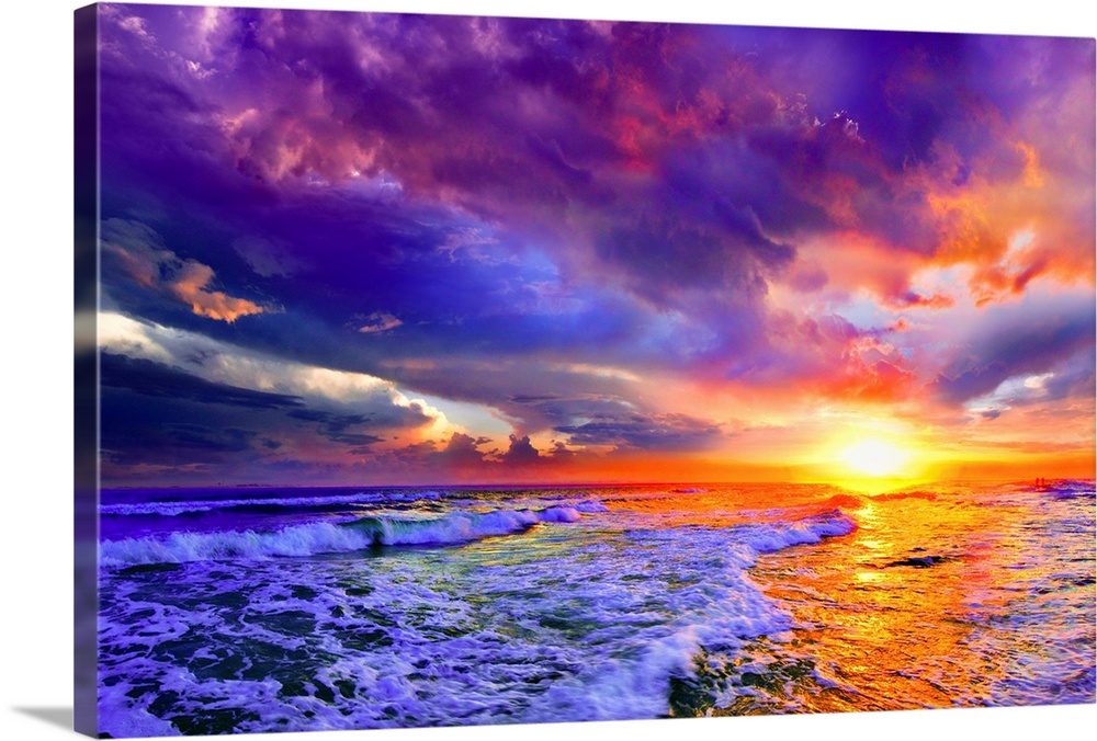 Purple Sunset Beach with Rocks Pictures Framed Wall Art for Home and Office 