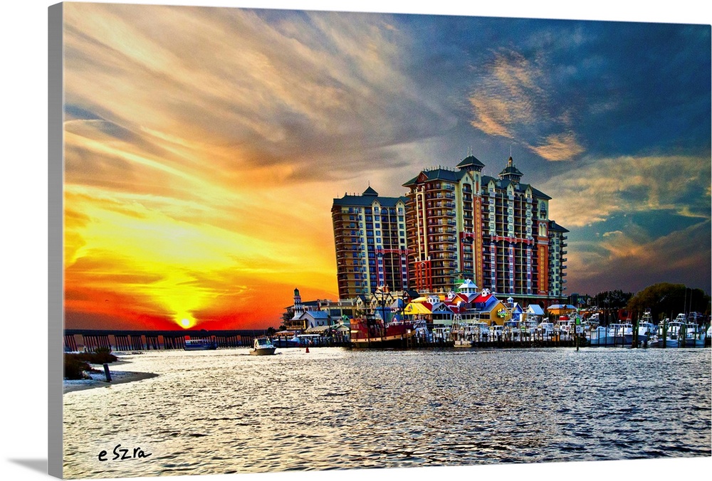 A view from the sea looking at the Emerald Grand at sunset.