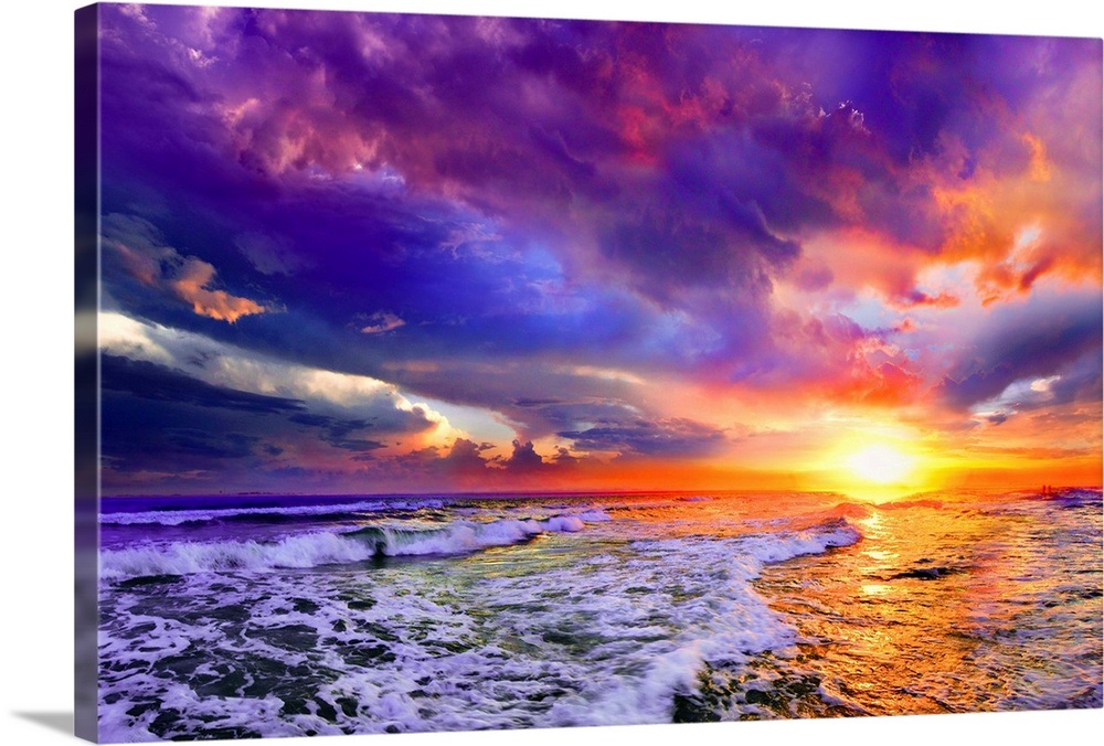 Sea Waves Sunset Abstract Red Purple Pink Clouds Wall Art ...