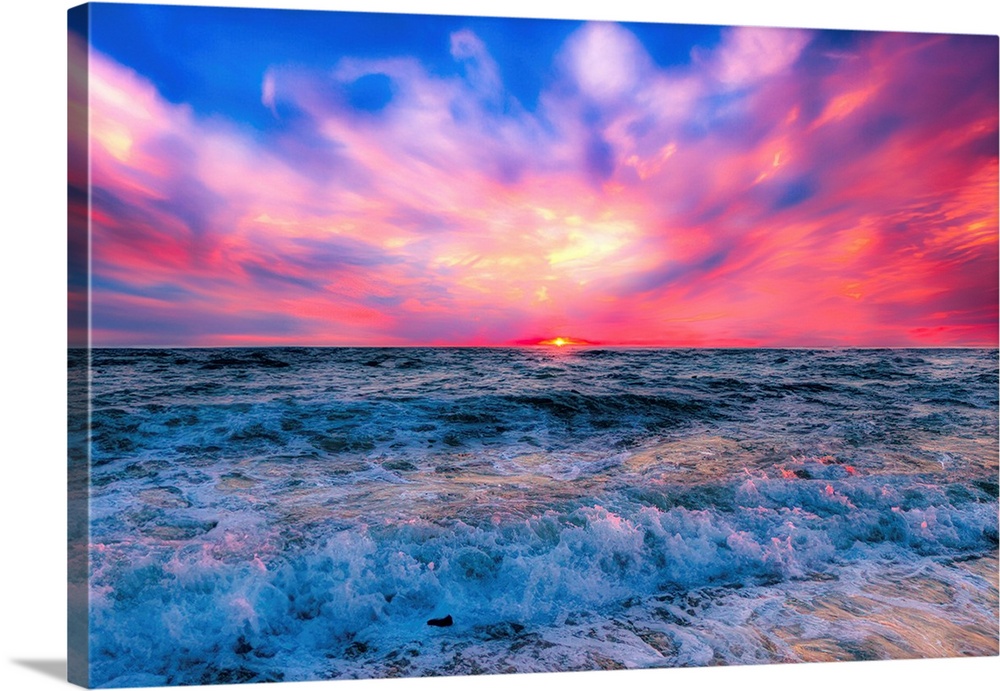 Swirling Green Sea And Yellow Clouds At Sunset