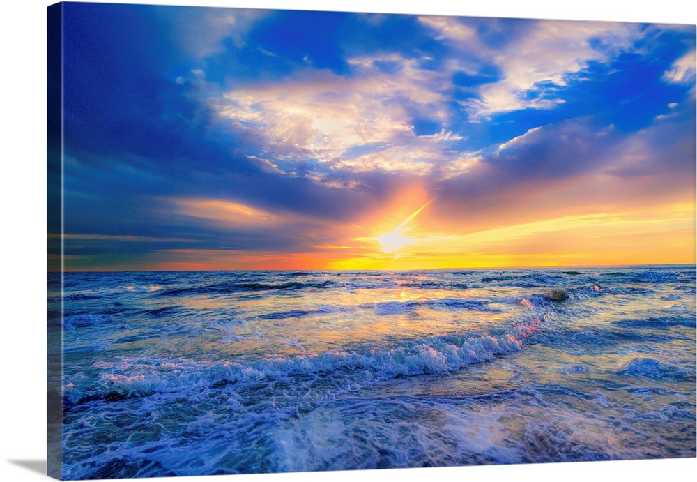 Vibrant Red And Dark Blue Waves At Sunset