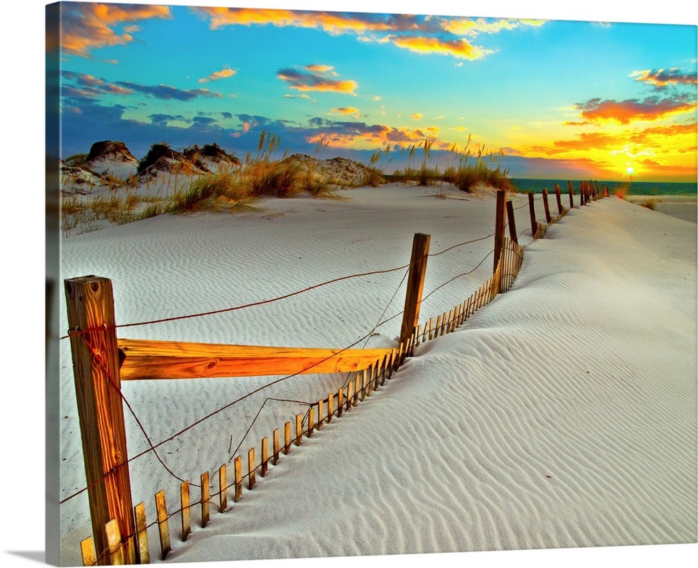 White Sand Beach SunsetDunes Crooked Wooden Fence Wall Art, Canvas