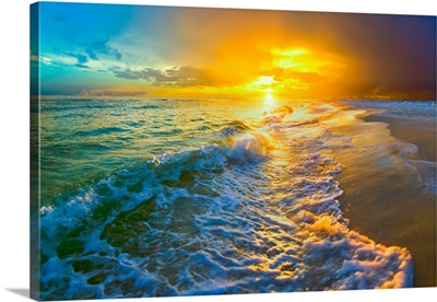 Yellow And Orange Sunset On Beach And Ocean Waves