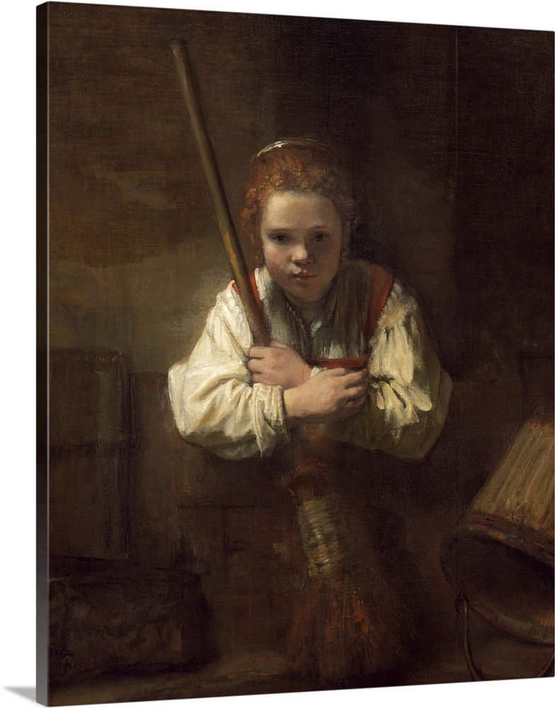A Girl with a Broom, by Rembrandt's workshop, 1651, Dutch painting, oil on canvas. A young girl, holding a broom, stares d...