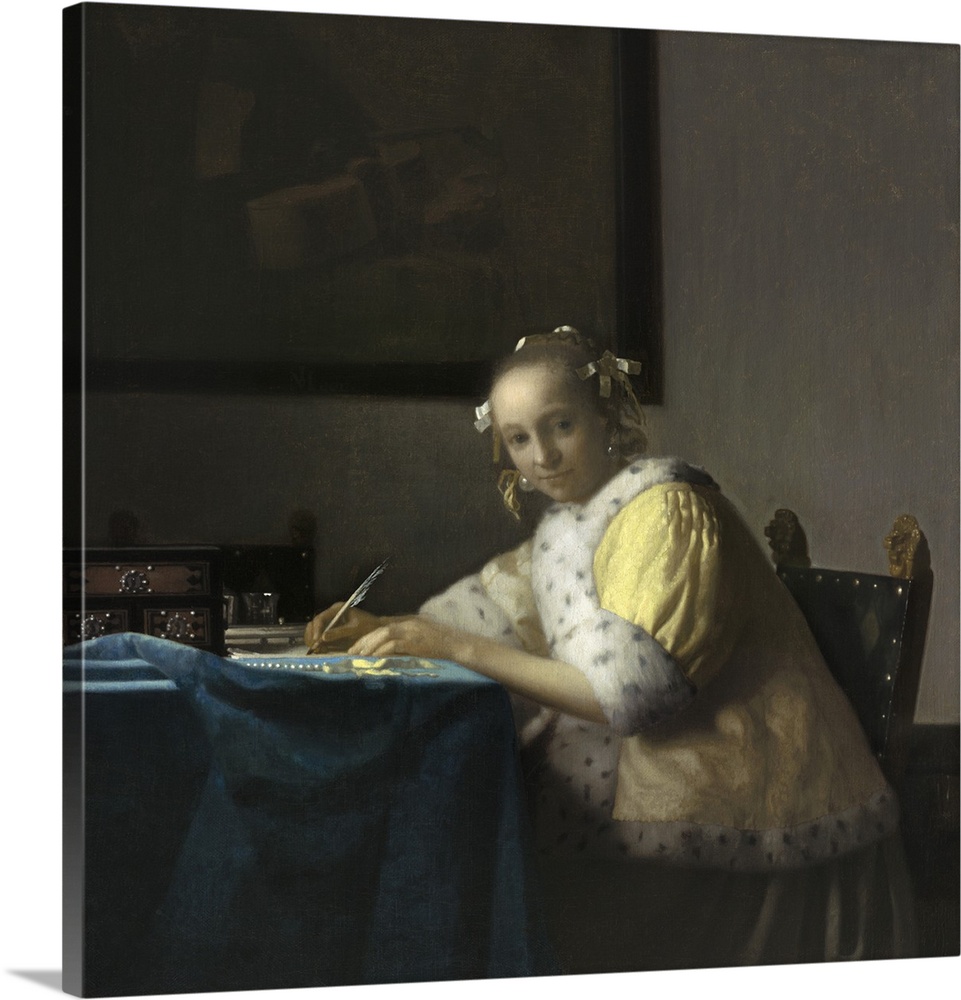 A Lady Writing, by Johannes Vermeer, c. 1665, Dutch painting, oil on canvas. Soft light illuminates the tabletop and , the...