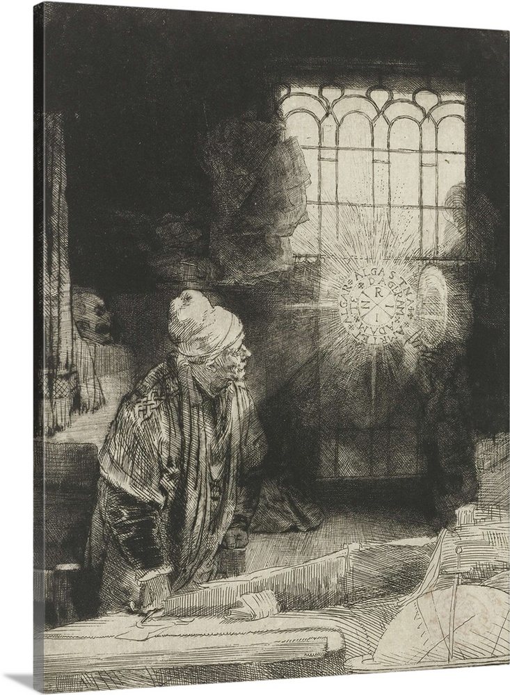 A Scholar in his Study, by Rembrandt van Rijn, 1650-54, Dutch print, etching on an apparition of a disc of light enclosing...
