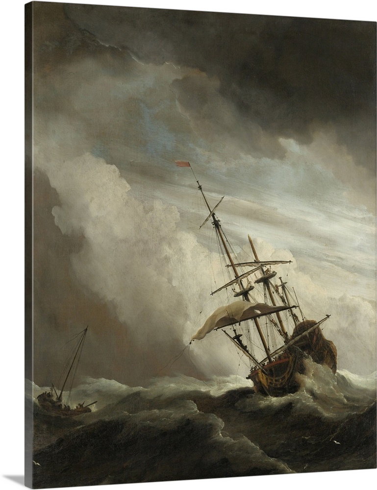 A Ship on the High Seas Caught by a Squall, Known (The Gust), Willem van de Velde (II), c. 1680, Dutch painting, oil on ca...