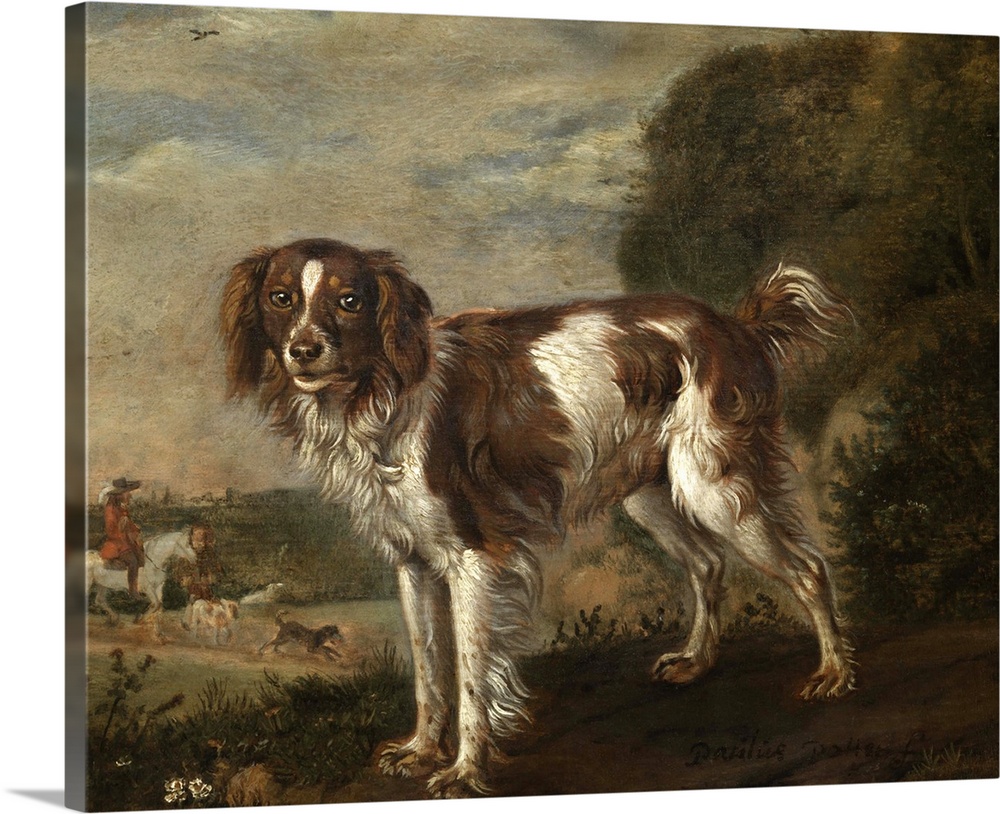 A Spaniel, by Paulus Potter, 1653, Dutch painting, oil on panel. A landscape with a partridge dog and a hunter on horsebac...