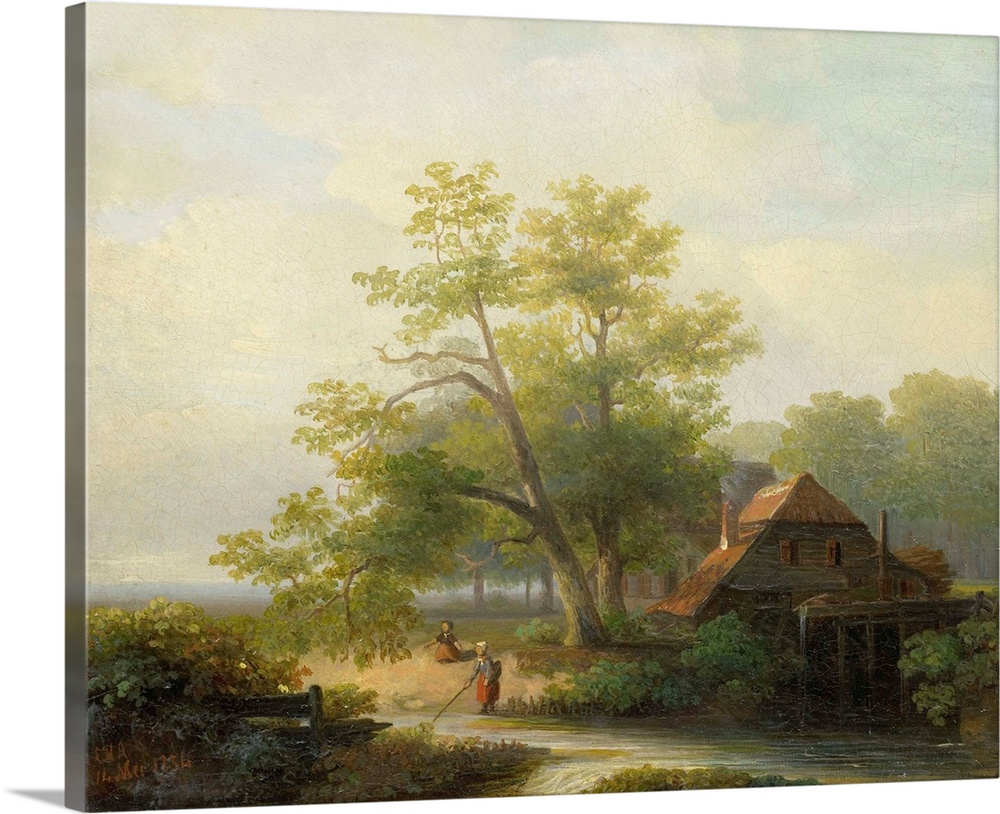 A Watermill in a Woody Landscape, by Lodewijk Hendrik Arends, 1854, Dutch oil painting on panel. One girl fishes in the st...