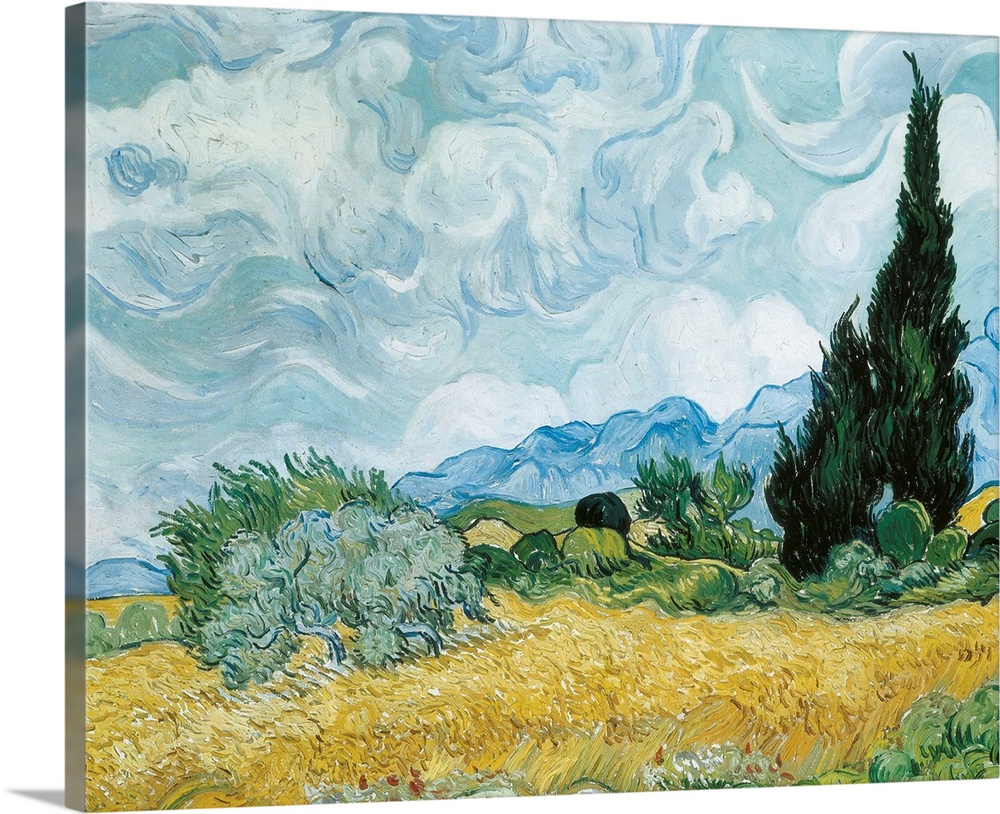 Classic painting of a field with a tree and mountains in the distance and swirling clouds on canvas.