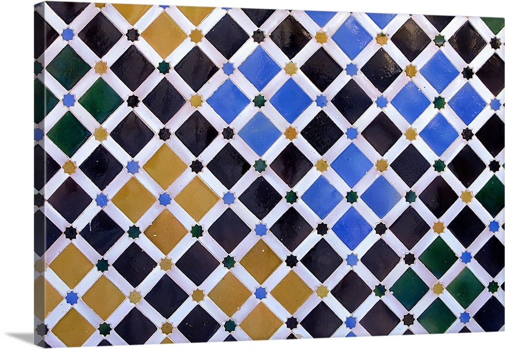 Alhambra. SPAIN. Granada. Alhambra. Alhambra, Nazari Palace. Comares Palace. Court of the Myrtles. Detail of the tiles. Hi...