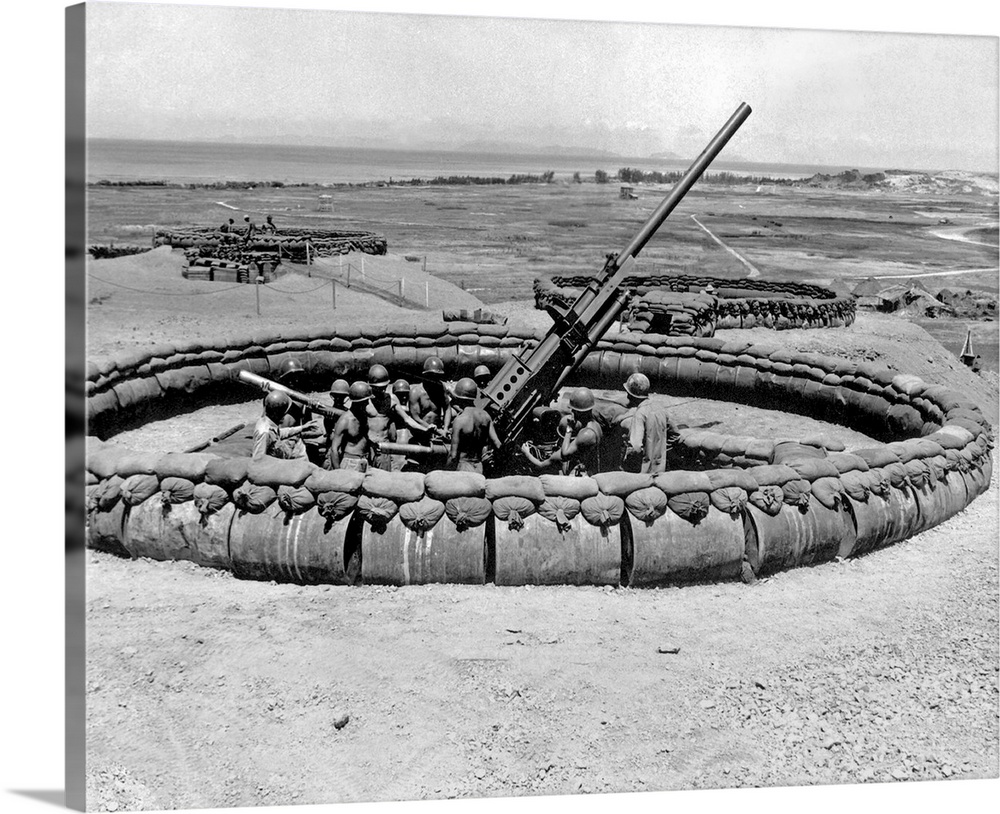Anti-Aircraft Gun Emplacement With Crew In Pit On Okinawa, July 18, 1945. WWII