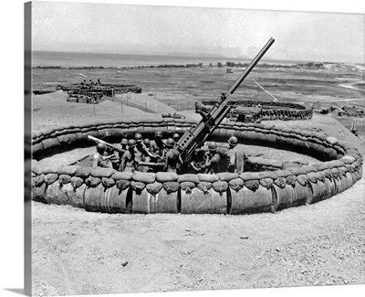 Anti-Aircraft Gun Emplacement With Crew In Pit On Okinawa, July 18, 1945. WWII