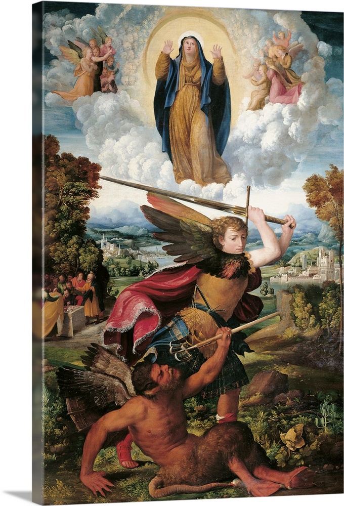 The Archangel Michael and the Devil, by Giovanni Luteri know as Dosso Dossi, Battista Dossi, 1533 - 1534, 16th Century, oi...