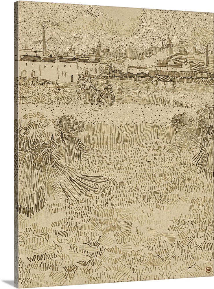 Arles: View from the Wheatfields, by Vincent van Gogh, 1888, Dutch drawing, pen and brown ink on paper. Farmers work in a ...