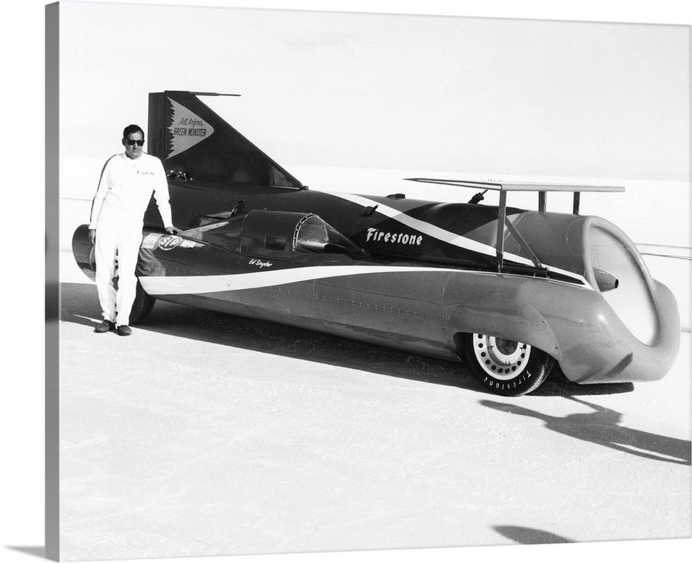 Art Arfons on the Bonneville Salt Flats with his 'Green Monster' jet car. He would set three world land speed records betw...