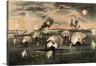 Attack of Ironclads during American Civil War, 1865, Color Engraving