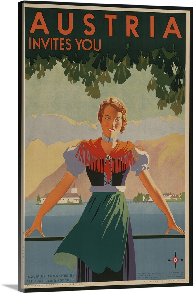 Austria Invites You! 1934 travel poster shows young woman in front of stylized village and mountains.