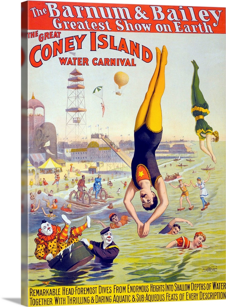 Barnum and Bailey's Great  Water Carnival high divers and clowns performing in the ocean at Coney Island, New York. 1898