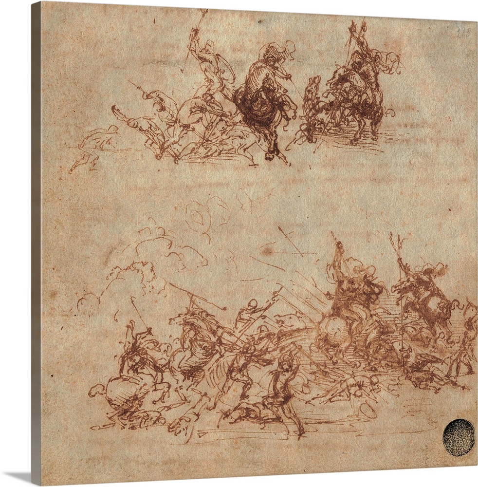 Leonardo da Vinci, Study for the Battle of Anghiari: Fight between Foot Soldiers and Riders (Two Fights between Riders and...