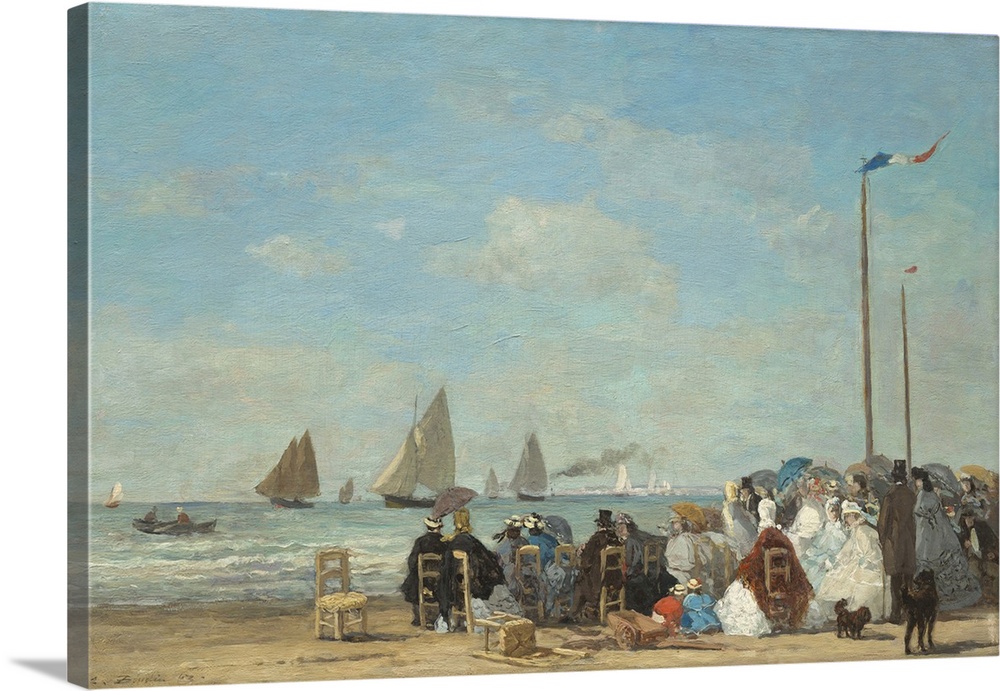 Beach Scene at Trouville, by Eugene Boudin, 1863, French impressionist painting, oil on wood panel. When Boudin began pain...