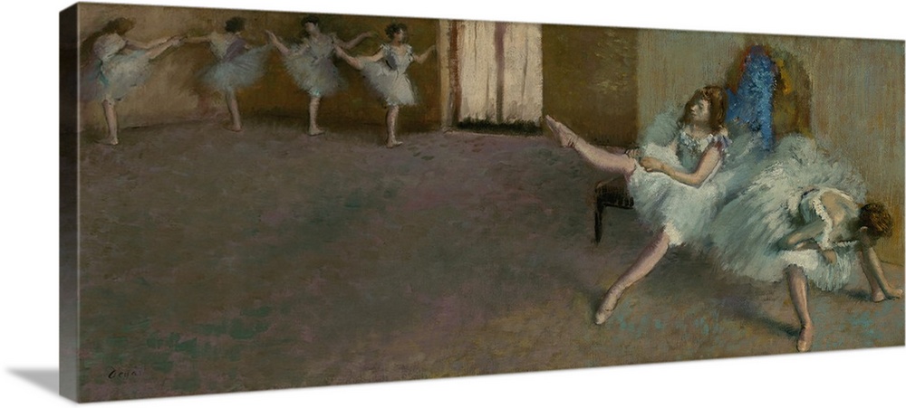 Before the Ballet, by Edgar Degas, 1890-92. French impressionist painting, oil on canvas. Degas employs a non-traditional ...