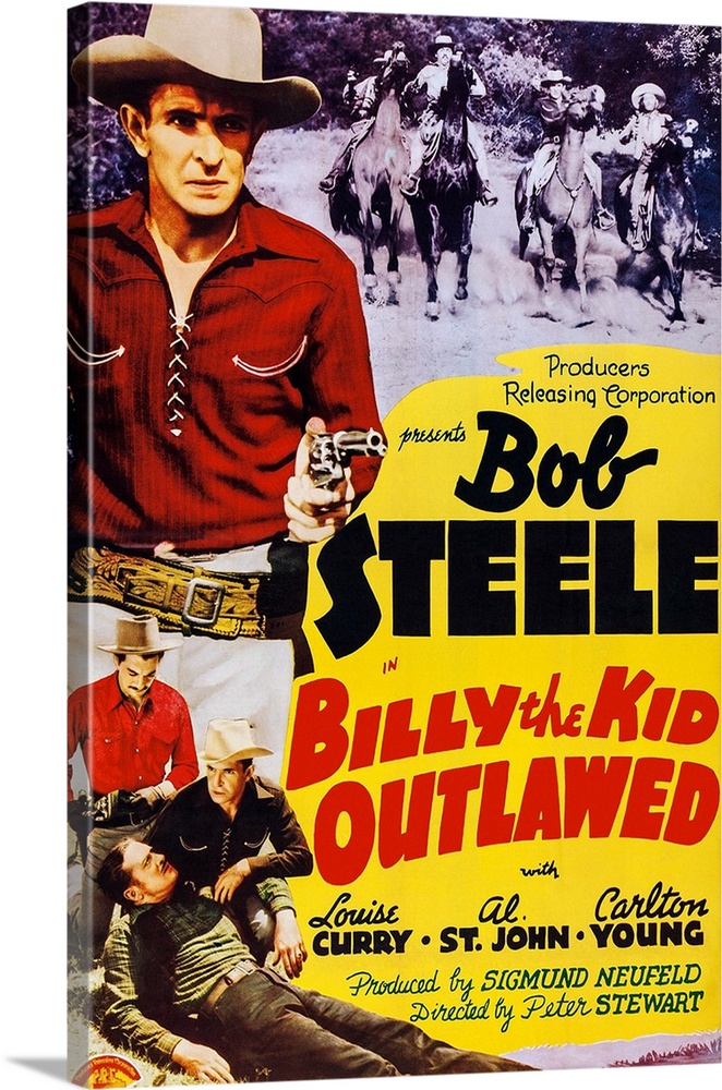 Billy The Kid Outlawed, Poster Art, Top Left: Bob Steele, Bottom L-R: Carleton Young,  Bob Steele, 1940.