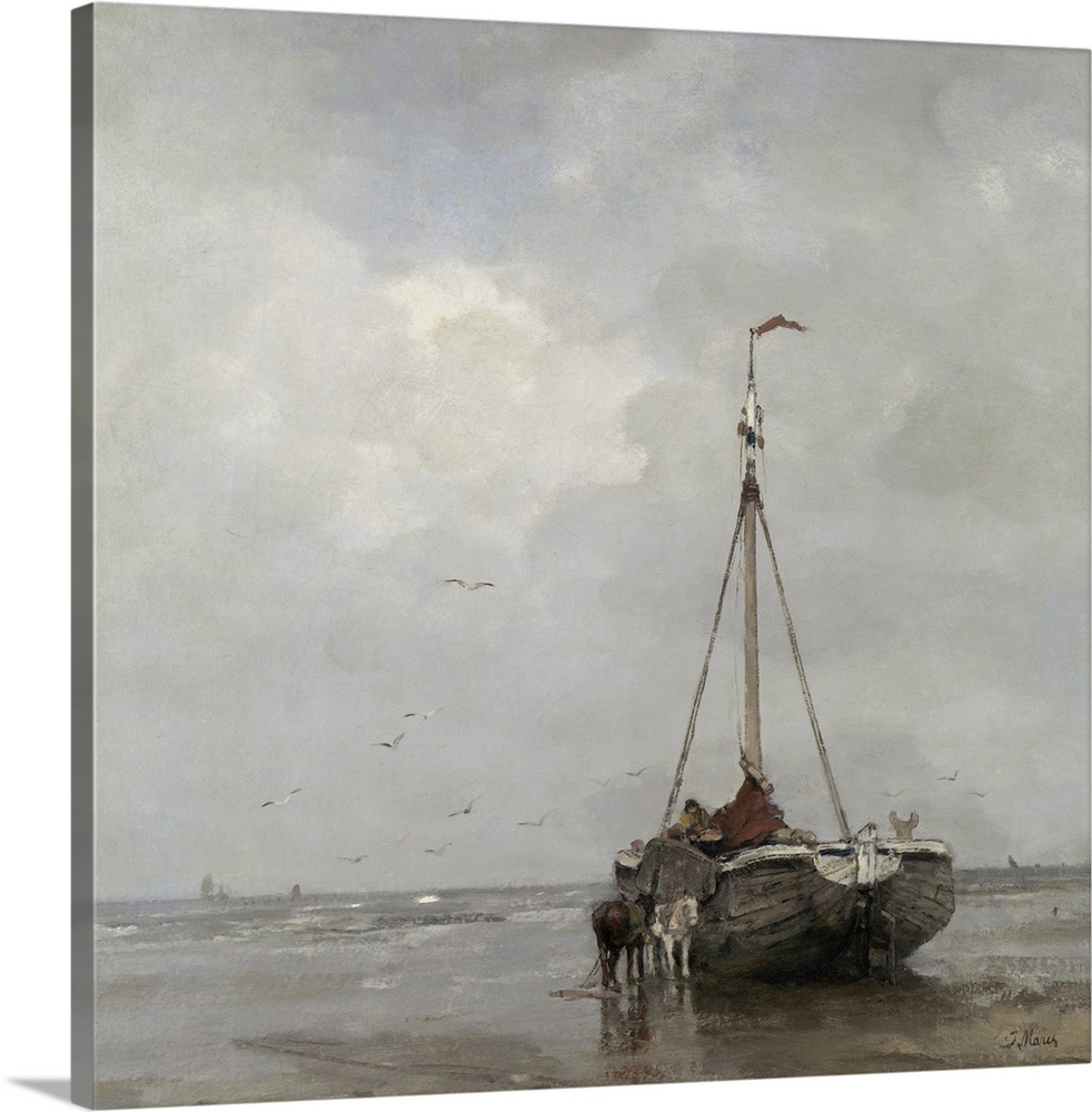 Bluff-bowed Fishing Boat on the Beach at Scheveningen, by Jacob Maris, c. 1885, Dutch oil painting. The broad bows was mor...