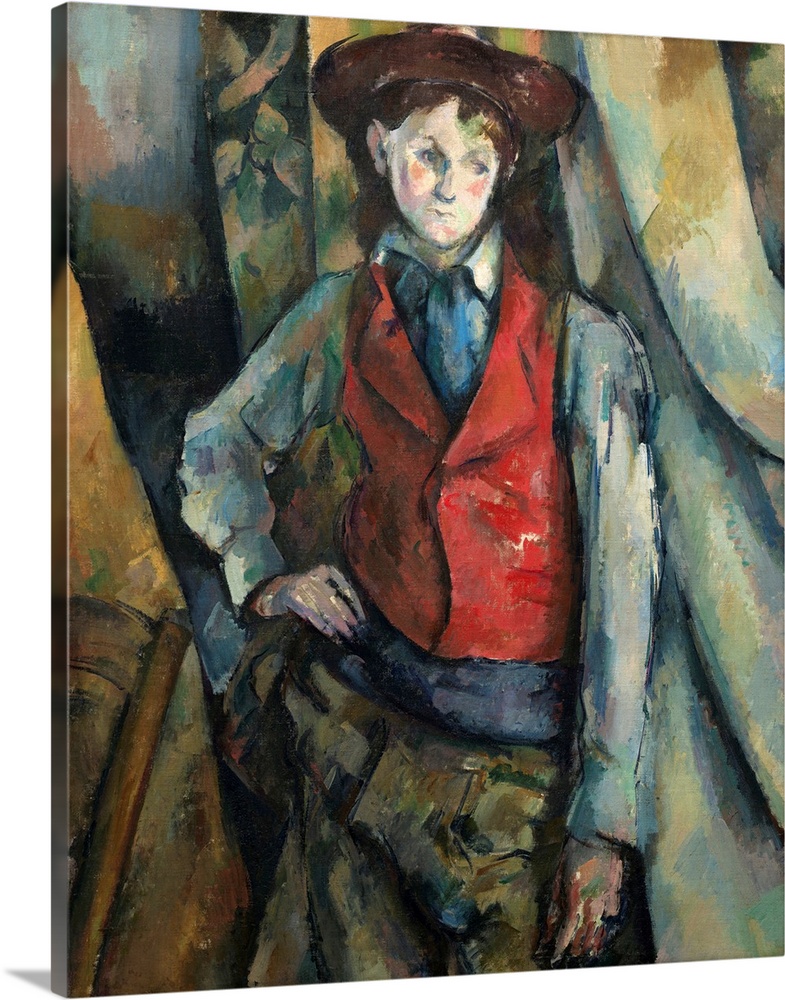 Boy in a Red Waistcoat, by Paul Cezanne, 1888-90, French Post-Impressionist painting, oil on canvas. The background is fra...