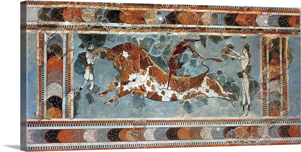 Bullfighting scene. ca. 1500 BC. Fresco of the eastern wing of the palace. Minoan art / Cretan art. Fresco. GREECE. Irakli...