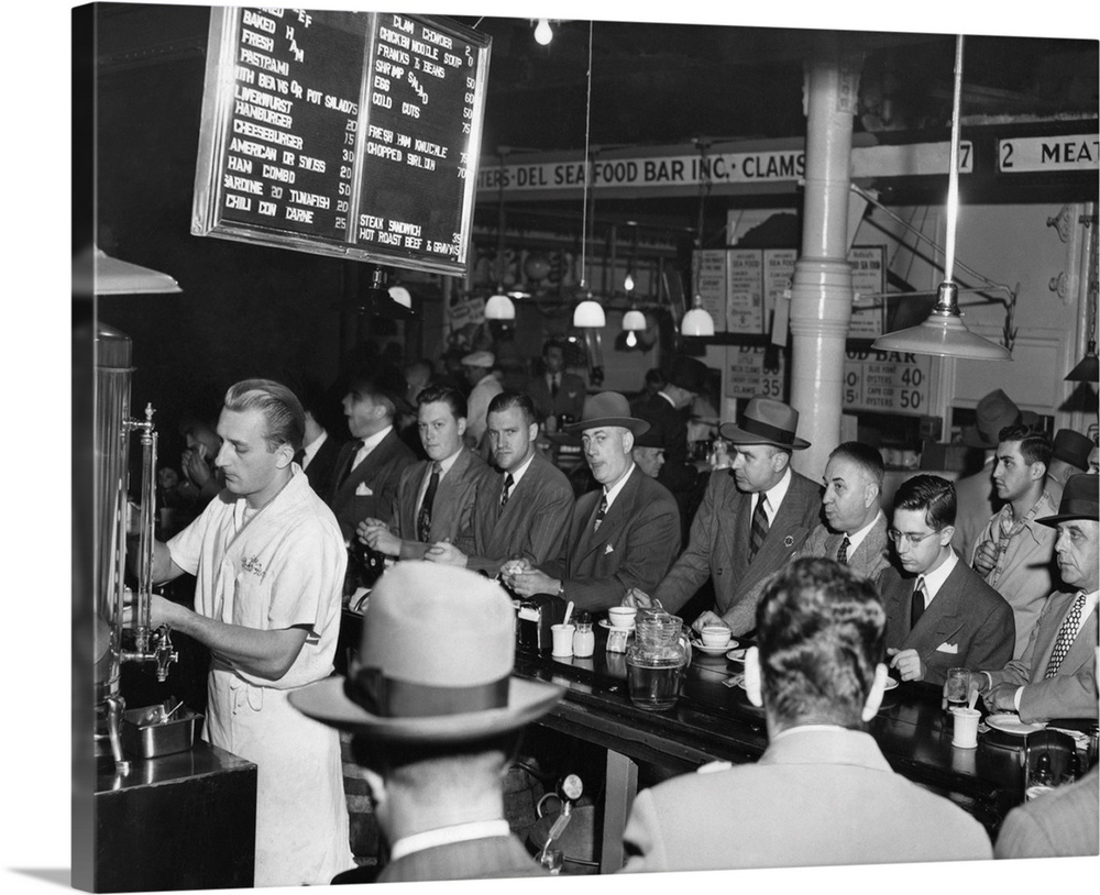 Businessmen eating at Pete's Bar in Washington Market, New York City, 1950.