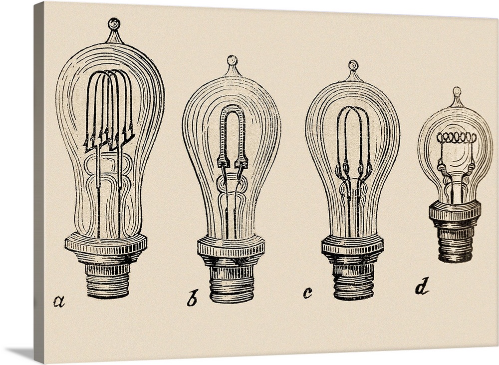 Carbon filament lamps. From the book Diccionario general de Arquitectura e Ingenieria by Pelayo Clairac y SAenz (1879). En...