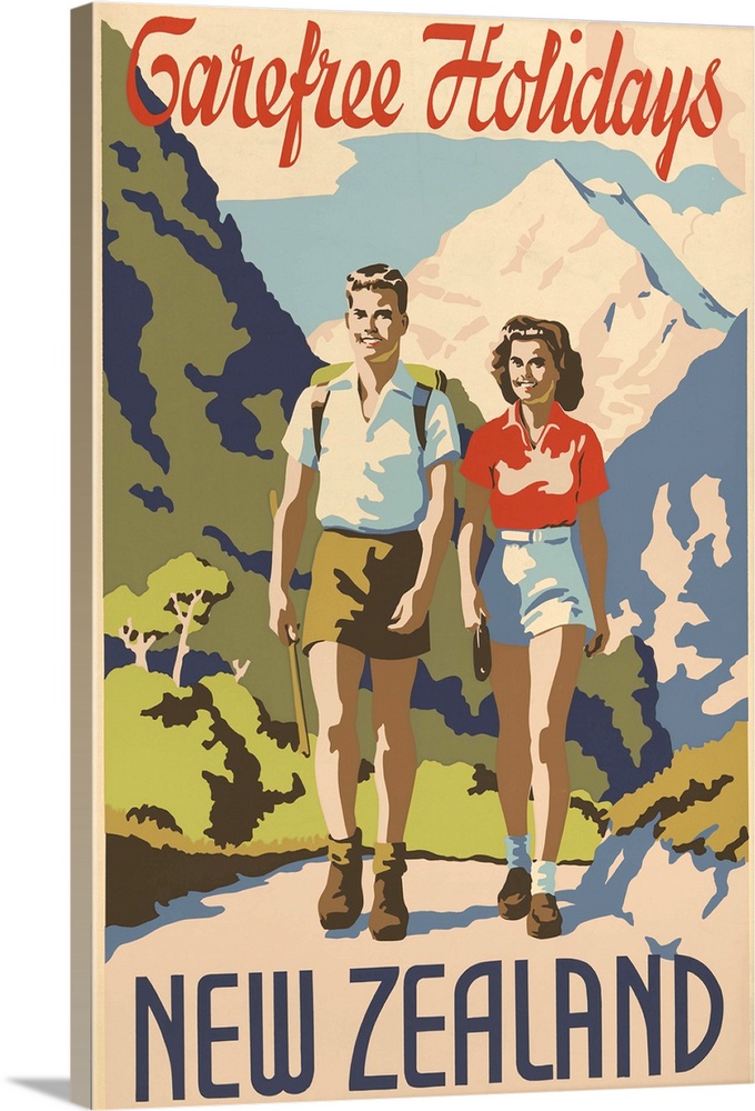 Carefree holidays New Zealand. 1930's travel poster shows a young man and woman hiking in the mountains.