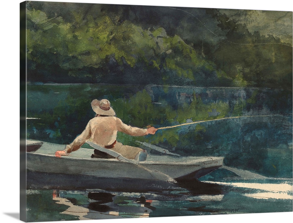 Casting, Number Two, by Winslow Homer, 1894, American painting, watercolor on paper. Homer's serene scene is still except ...