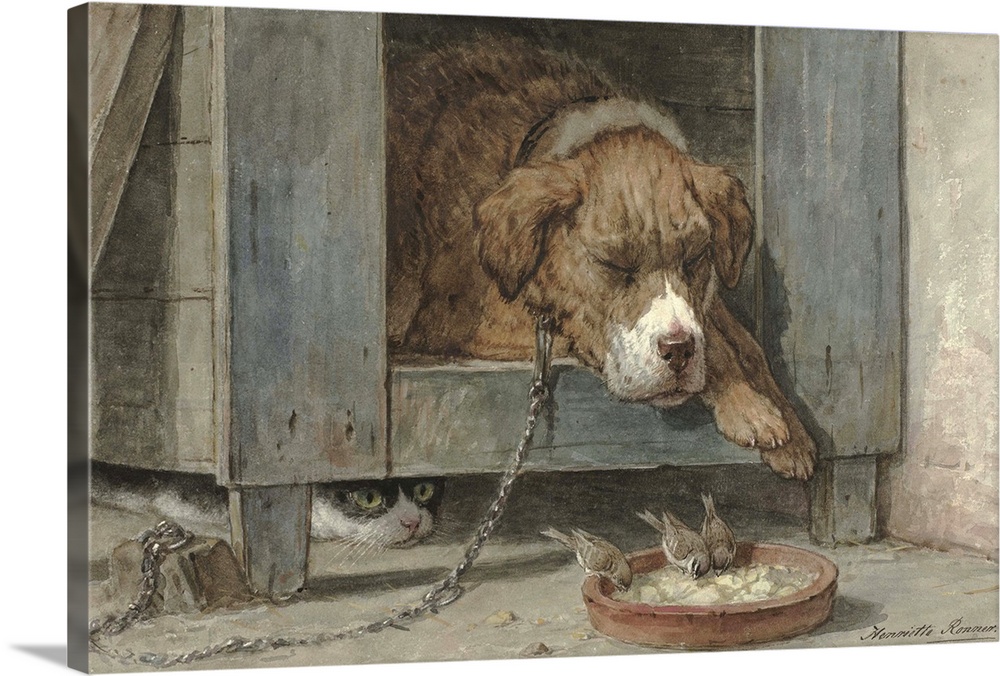 Cat Spies Birds While A Dog Sleeps, C. 1850-90, Watercolor Painting, On Paper Wall Art, Canvas Prints, Framed Prints, Wall Peels | Great Big Canvas