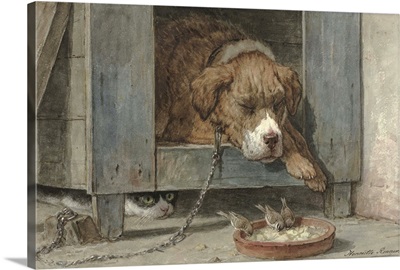 Cat Spies Birds While a Dog Sleeps, c. 1850-90, watercolor painting, on paper