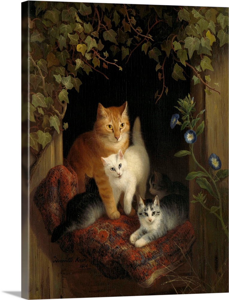 Cat with Kittens, by Henriette Ronner, c. 1844, Belgian-Dutch painting on panel. Cat with four kittens in an ivy framed wi...