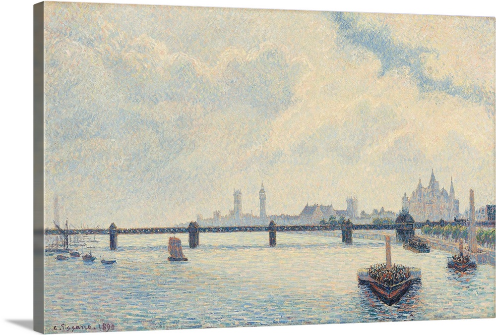 Charing Cross Bridge, London, by Camille Pissarro, 1890, French impressionist painting, oil on canvas. This painting shows...