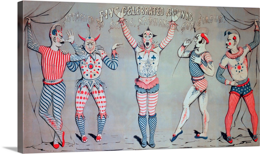 Circus poster from 1856 showing five celebrated clowns attached to Sands, Nathans Co's Circus.