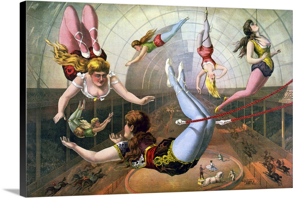 Circus poster with Female aerial acrobats on trapezes at circus, 1890.