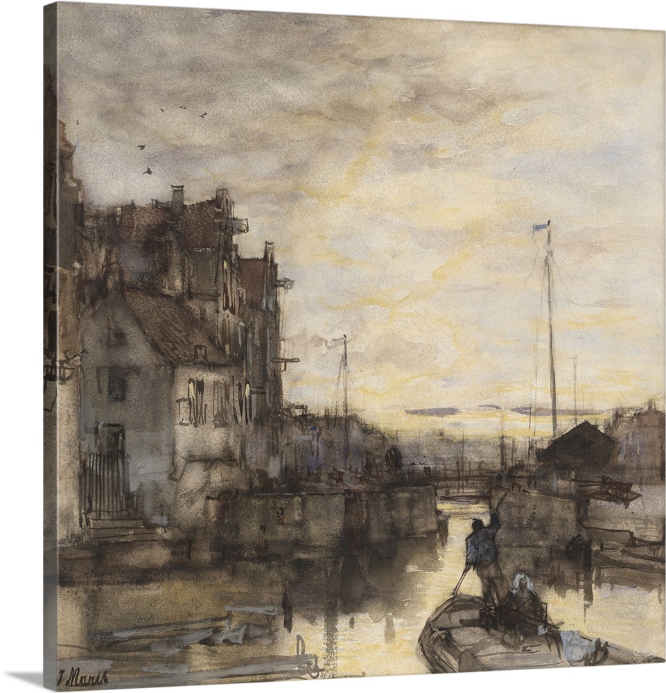 Cityscape at Night, by Jacob Maris, c. 1870-90, Dutch watercolor painting. Man propelling his boat with a pole through the...