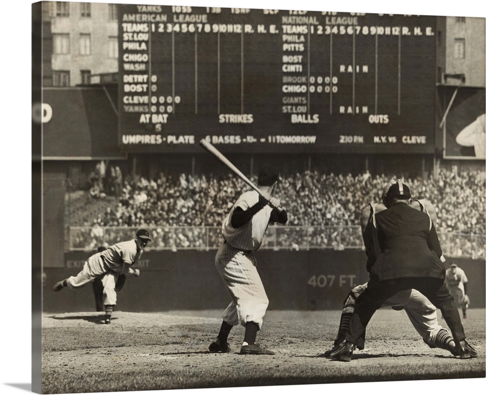 Cleveland Indians', Bob Feller, pitching to New York Yankees' Joe DiMaggio. April 30, 1946. Frankie Hayes was catching, an...