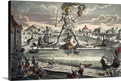 Colossus of Rhodes. Seven Wonders of the World. 17-18th c. Engraving with color