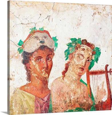 Couple Wearing Comic Masks. Ancient Roman Fresco, c.45-79. From Herculaneum