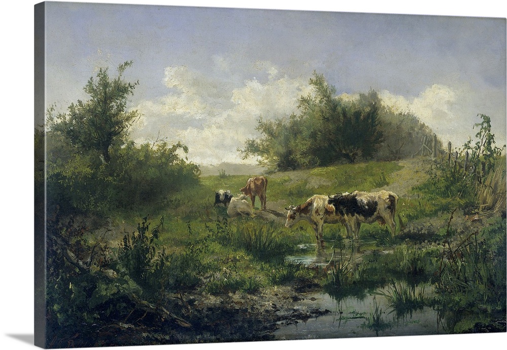 Cows at a Pond, by Gerard Bilders, 1856-58, Dutch painting, oil on panel.