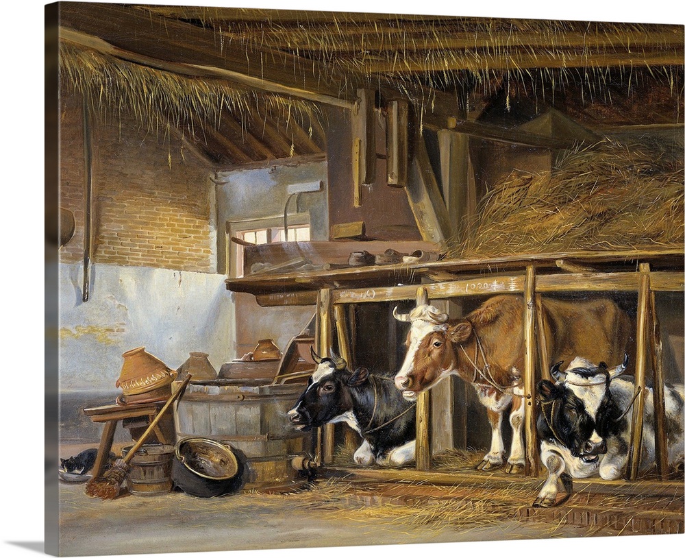 Cows in a Stable, by Jan van Ravenswaay, 1820, Dutch painting, oil on canvas. Barn interior with three cows in stalls unde...
