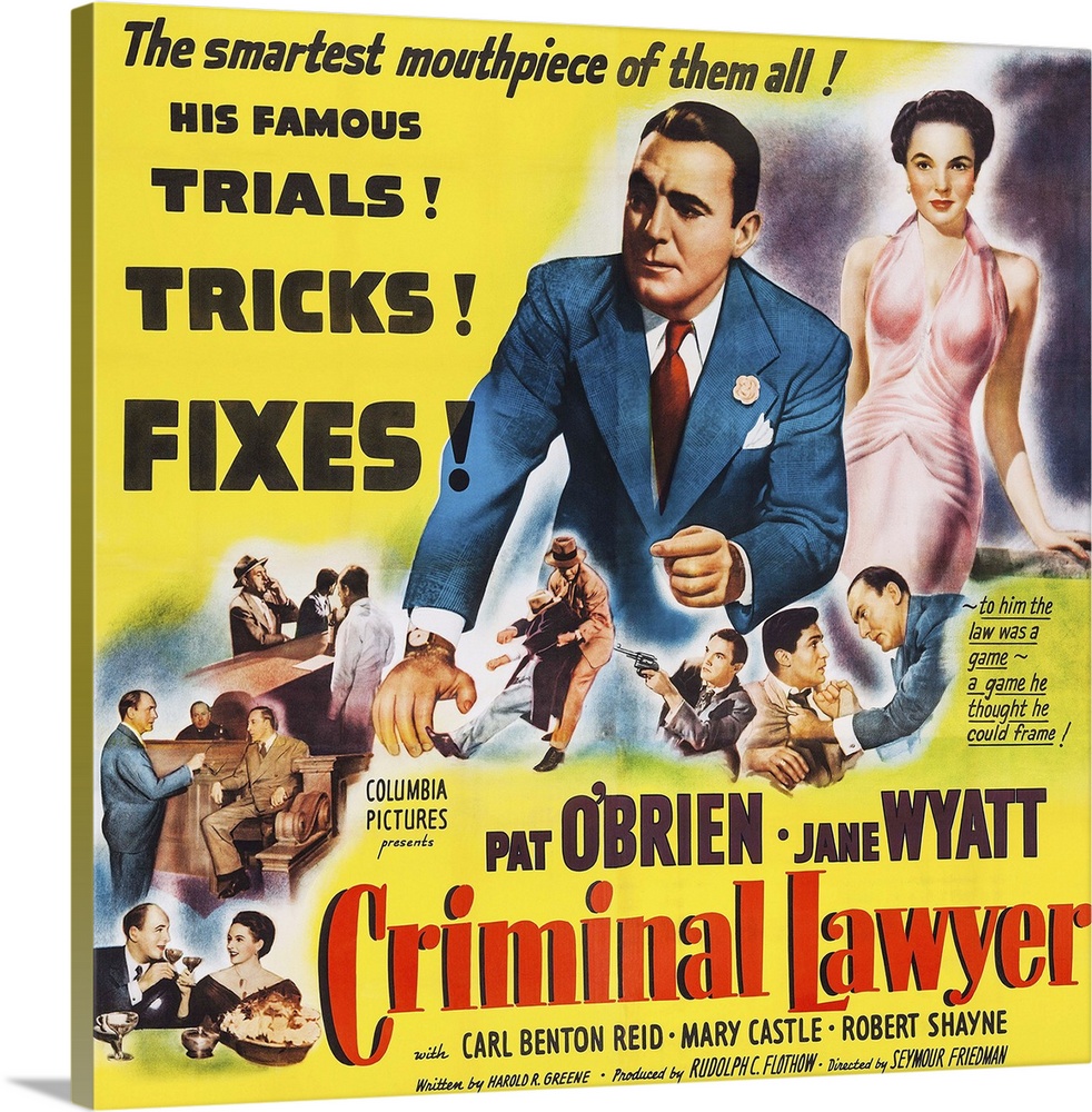 CRIMINAL LAWYER, US poster art, Pat O'Brien (center), Jane Wyatt (top right), 1951