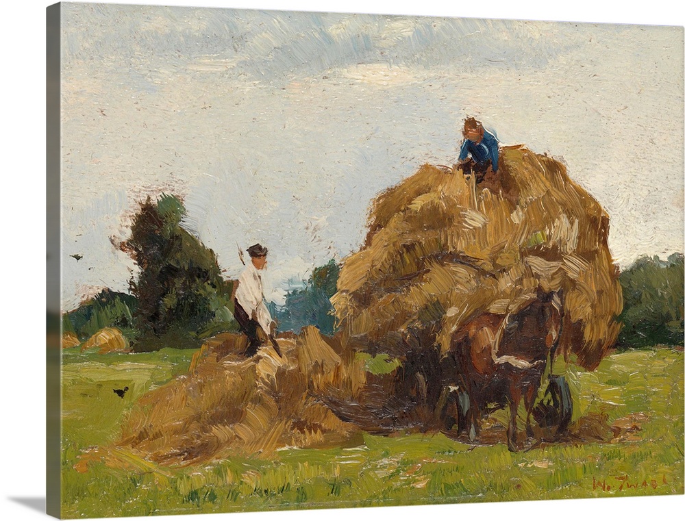 Daddy Longlegs, by Willem de Zwart, c. 1885-1910. Dutch painting, oil on panel. Two farmers piling hay on a hay wagon with...