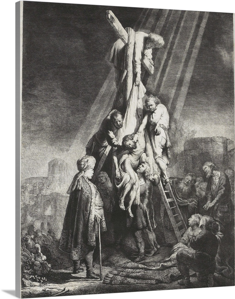 Descent from the Cross, by Rembrandt van Rijn, 1633, Dutch print, etching on paper. Christ taken down from the cross, by N...